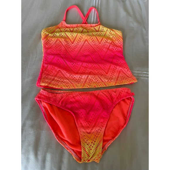 OP Vibrant Orange/Pink Chevron Eyelet Design Tankini/Bottoms 2-Piece Swimsuit - Picture 6 of 9